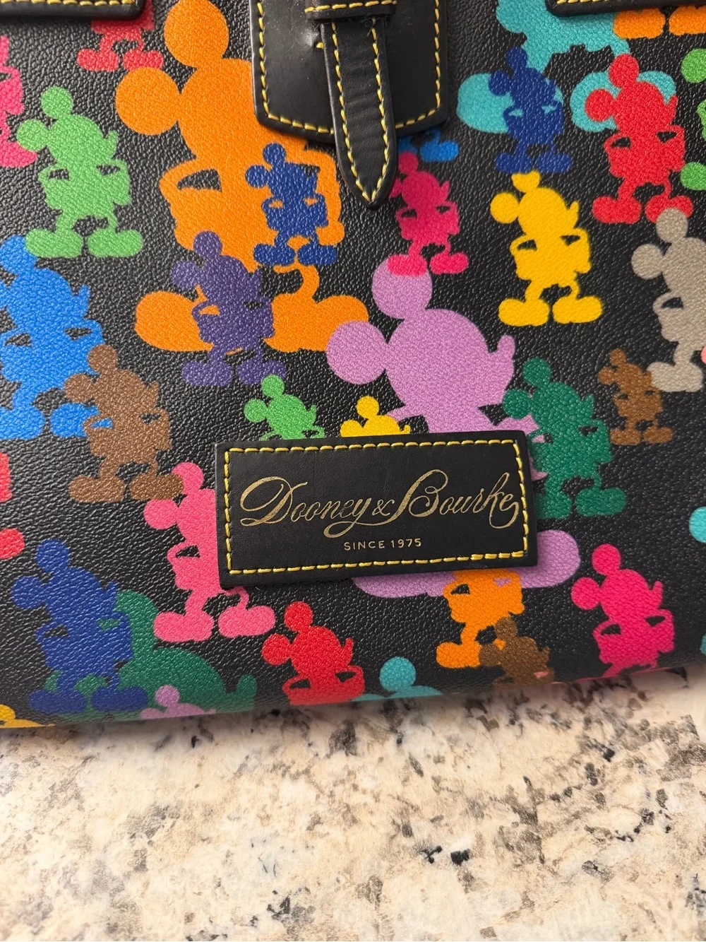Disney Dooney & Bourke Black Multicolor Mickey Print Tote Purse Black Leather